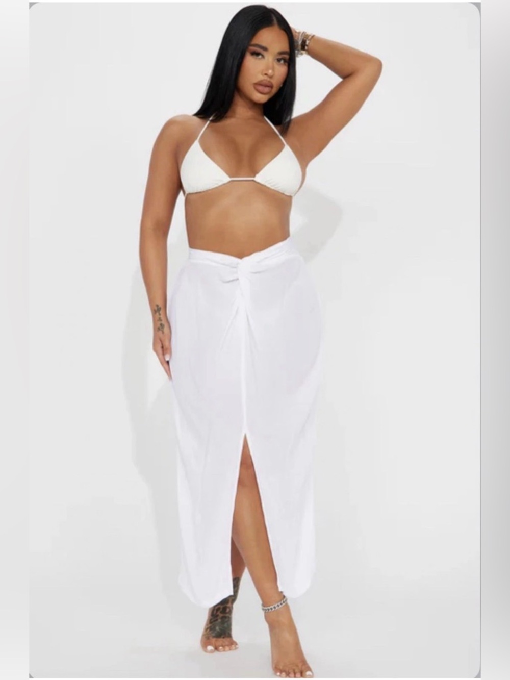 New Swimwear Coverup White Ruched Slit Chiffon Maxi Skirt for Women Size 1X